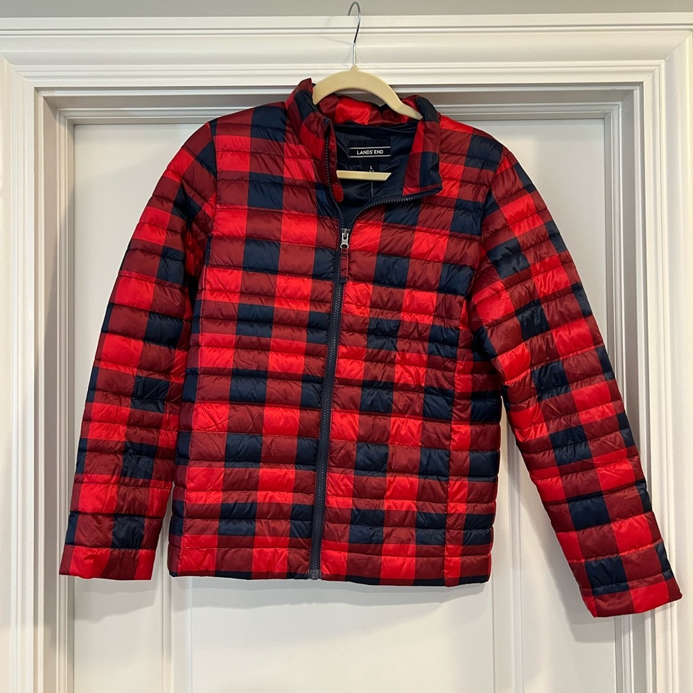 Lands End. Boys size large puffer. Red and navy. New with tags